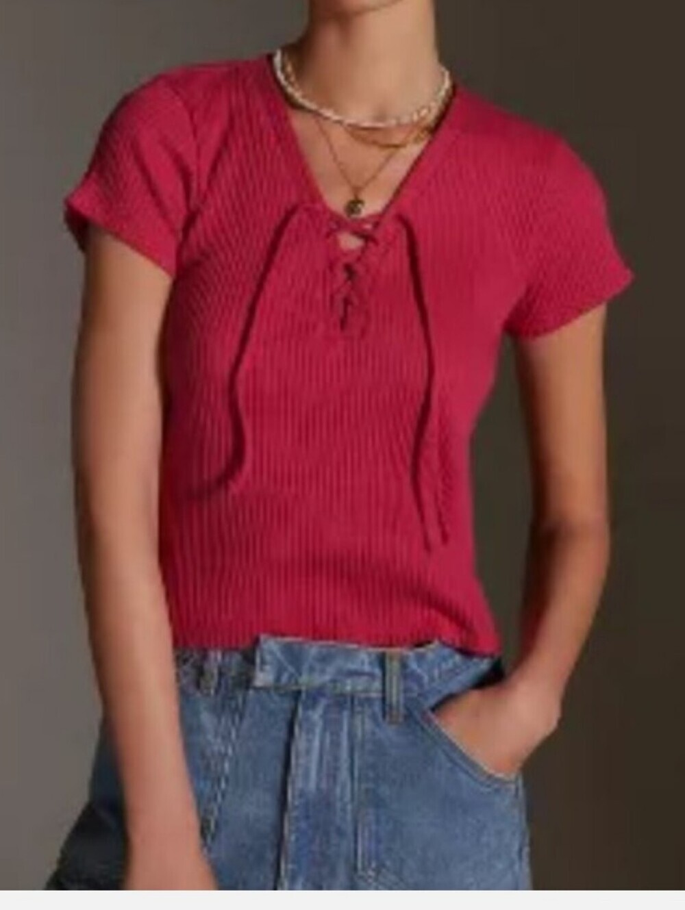 Anthropologie Ribbed Lace Up Pink Short Sleeve Baby Tee Shirt Size Xl